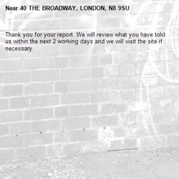 Thank you for your report. We will review what you have told us within the next 2 working days and we will visit the site if necessary-40 THE BROADWAY, LONDON, N8 9SU