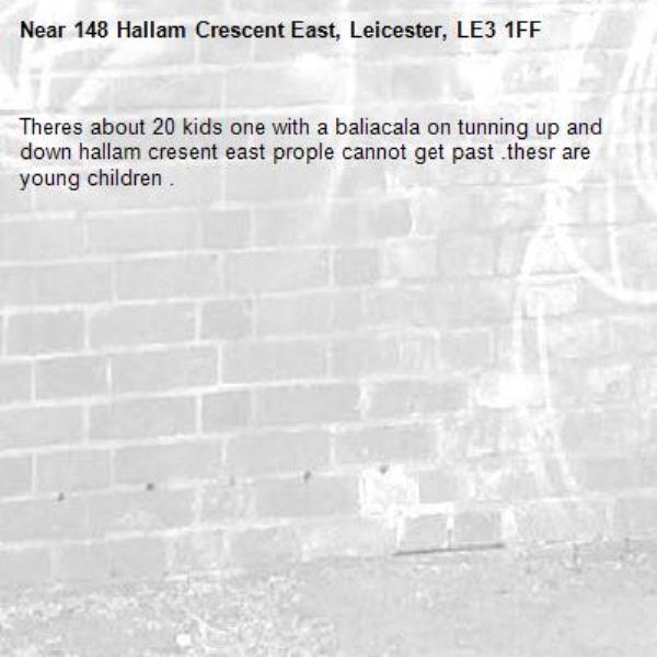 Theres about 20 kids one with a baliacala on tunning up and down hallam cresent east prople cannot get past .thesr are young children .-148 Hallam Crescent East, Leicester, LE3 1FF