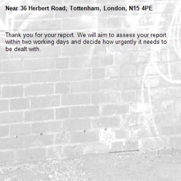 Thank you for your report. We will aim to assess your report within two working days and decide how urgently it needs to be dealt with.-36 Herbert Road, Tottenham, London, N15 4PE