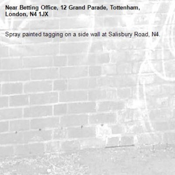 Spray painted tagging on a side wall at Salisbury Road, N4.-Betting Office, 12 Grand Parade, Tottenham, London, N4 1JX
