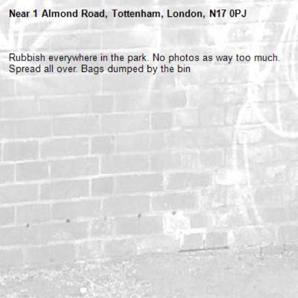 Rubbish everywhere in the park. No photos as way too much. Spread all over. Bags dumped by the bin-1 Almond Road, Tottenham, London, N17 0PJ