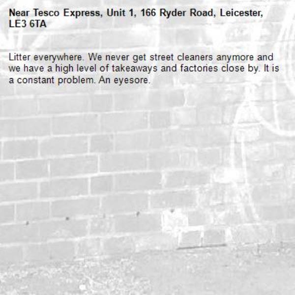 Litter everywhere. We never get street cleaners anymore and we have a high level of takeaways and factories close by. It is a constant problem. An eyesore. -Tesco Express, Unit 1, 166 Ryder Road, Leicester, LE3 6TA