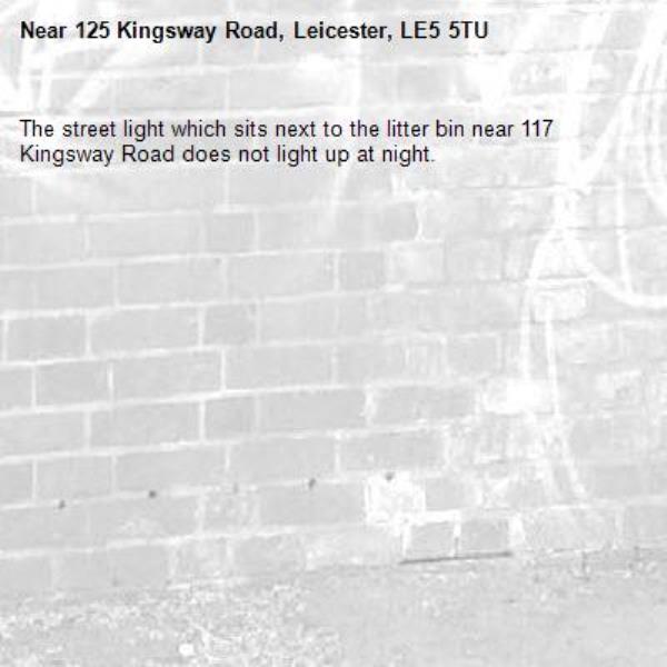 The street light which sits next to the litter bin near 117 Kingsway Road does not light up at night.-125 Kingsway Road, Leicester, LE5 5TU