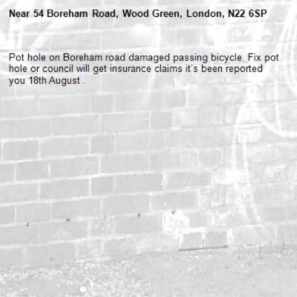 Pot hole on Boreham road damaged passing bicycle. Fix pot hole or council will get insurance claims it’s been reported you 18th August .-54 Boreham Road, Wood Green, London, N22 6SP