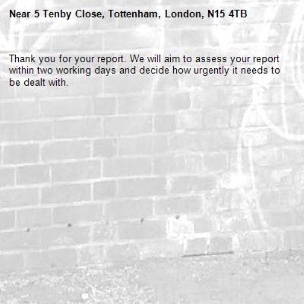 Thank you for your report. We will aim to assess your report within two working days and decide how urgently it needs to be dealt with.-5 Tenby Close, Tottenham, London, N15 4TB
