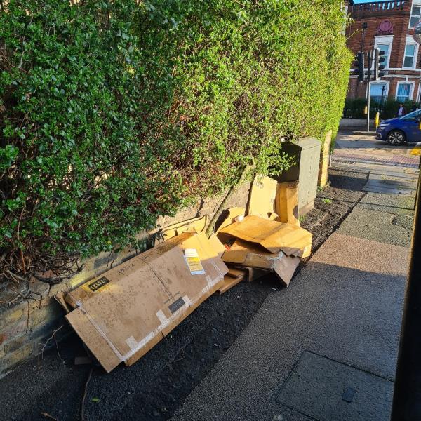 Cardboard thrown on footpath. -Patels Corner Shop, 1 Green Street, Forest Gate, London, E7 8DA