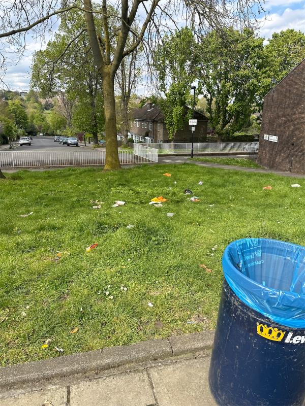 Food and household rubbish spread across grass near bus stop. It’s been there for over a week. Could it be cleaned please or referred to relevant housing association please?-Flat 1, 43 Westwood Hill, London, SE26 6NS