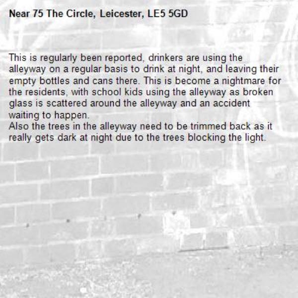 This is regularly been reported, drinkers are using the alleyway on a regular basis to drink at night, and leaving their empty bottles and cans there. This is become a nightmare for the residents, with school kids using the alleyway as broken glass is scattered around the alleyway and an accident waiting to happen. 
Also the trees in the alleyway need to be trimmed back as it really gets dark at night due to the trees blocking the light. -75 The Circle, Leicester, LE5 5GD