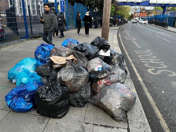 A pile of rubbish bags dumped and need to be cleared. They are a health hazard to the students going to school.-Plashet Comprehensive School, Plashet Grove, East Ham, London, E6 1DG