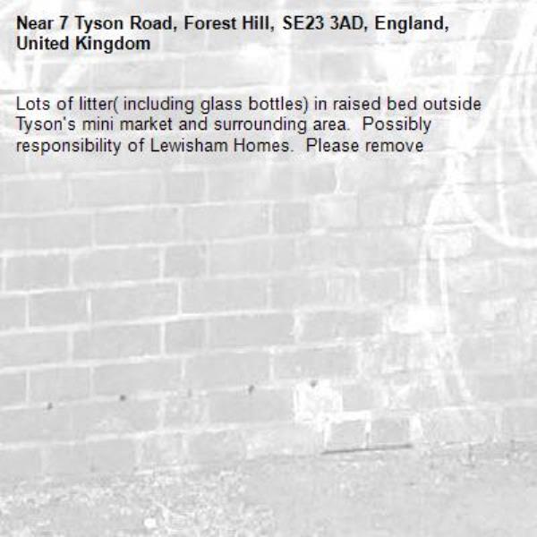 Lots of litter( including glass bottles) in raised bed outside Tyson's mini market and surrounding area.  Possibly responsibility of Lewisham Homes.  Please remove-7 Tyson Road, Forest Hill, SE23 3AD, England, United Kingdom