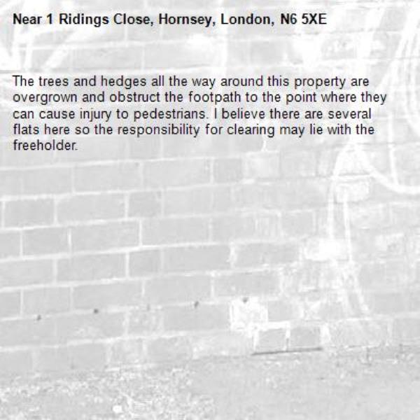The trees and hedges all the way around this property are overgrown and obstruct the footpath to the point where they can cause injury to pedestrians. I believe there are several flats here so the responsibility for clearing may lie with the freeholder.-1 Ridings Close, Hornsey, London, N6 5XE