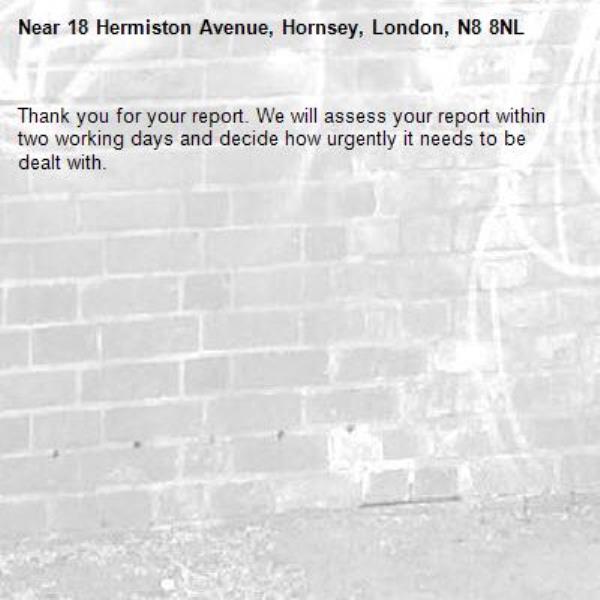 Thank you for your report. We will assess your report within two working days and decide how urgently it needs to be dealt with.-18 Hermiston Avenue, Hornsey, London, N8 8NL