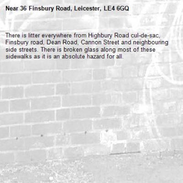 There is litter everywhere from Highbury Road cul-de-sac, Finsbury road, Dean Road, Cannon Street and neighbouring side streets. There is broken glass along most of these sidewalks as it is an absolute hazard for all.  -36 Finsbury Road, Leicester, LE4 6GQ