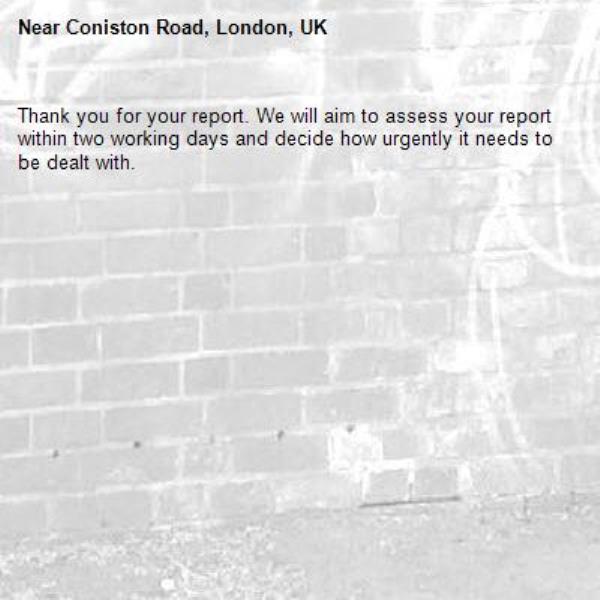 Thank you for your report. We will aim to assess your report within two working days and decide how urgently it needs to be dealt with.-Coniston Road, London, UK