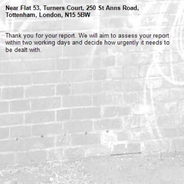 Thank you for your report. We will aim to assess your report within two working days and decide how urgently it needs to be dealt with.-Flat 53, Turners Court, 250 St Anns Road, Tottenham, London, N15 5BW