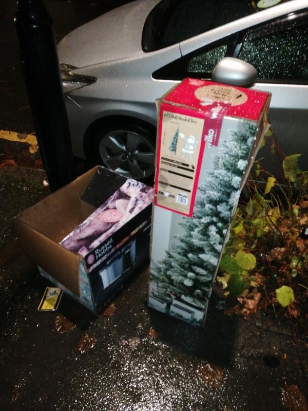 Someone dumped their packaging and boxes of their Christmas decorations. -2 Aintree Avenue, East Ham, London, E6 1NX