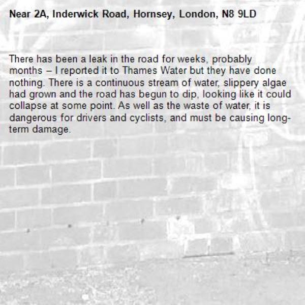 There has been a leak in the road for weeks, probably months – I reported it to Thames Water but they have done nothing. There is a continuous stream of water, slippery algae had grown and the road has begun to dip, looking like it could collapse at some point. As well as the waste of water, it is dangerous for drivers and cyclists, and must be causing long-term damage.-2A, Inderwick Road, Hornsey, London, N8 9LD