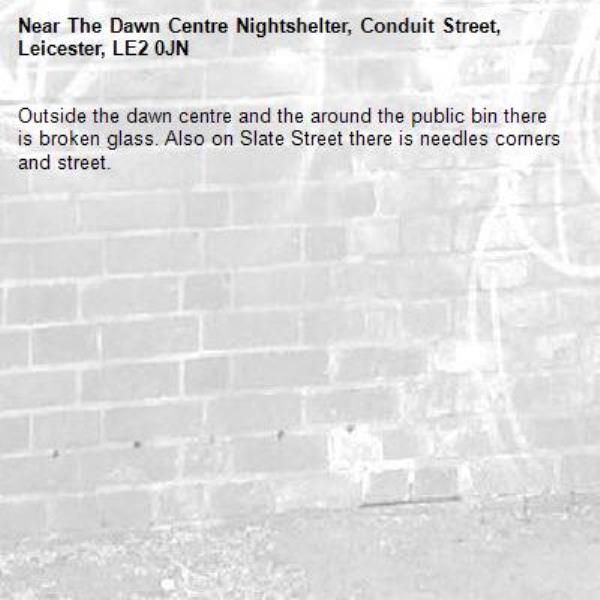Outside the dawn centre and the around the public bin there is broken glass. Also on Slate Street there is needles corners and street. -The Dawn Centre Nightshelter, Conduit Street, Leicester, LE2 0JN