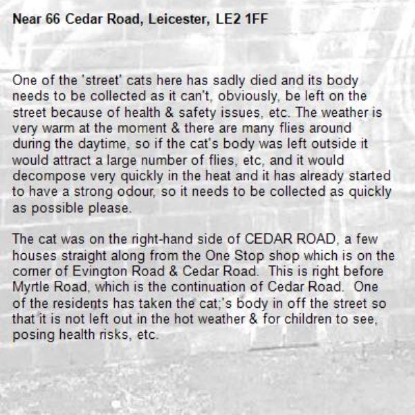 One of the 'street' cats here has sadly died and its body needs to be collected as it can't, obviously, be left on the street because of health &amp; safety issues, etc. The weather is very warm at the moment &amp; there are many flies around during the daytime, so if the cat's body was left outside it would attract a large number of flies, etc, and it would decompose very quickly in the heat and it has already started to have a strong odour, so it needs to be collected as quickly as possible please.

The cat was on the right-hand side of CEDAR ROAD, a few houses straight along from the One Stop shop which is on the corner of Evington Road &amp; Cedar Road.  This is right before Myrtle Road, which is the continuation of Cedar Road.  One of the residents has taken the cat;'s body in off the street so that it is not left out in the hot weather &amp; for children to see, posing health risks, etc. 

Could the cat's body please be collected as soon as possible please.  Thank you.  -66 Cedar Road, Leicester, LE2 1FF