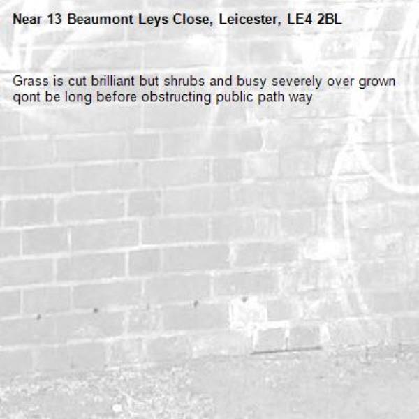 Grass is cut brilliant but shrubs and busy severely over grown qont be long before obstructing public path way-13 Beaumont Leys Close, Leicester, LE4 2BL