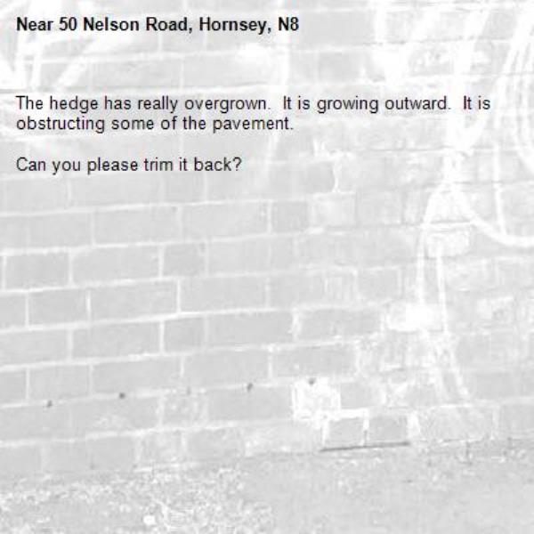 The hedge has really overgrown.  It is growing outward.  It is obstructing some of the pavement.

Can you please trim it back?
-50 Nelson Road, Hornsey, N8
