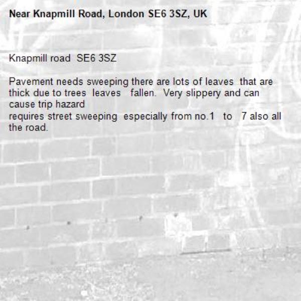 Knapmill road  SE6 3SZ

Pavement needs sweeping there are lots of leaves  that are thick due to trees  leaves   fallen.  Very slippery and can cause trip hazard 
requires street sweeping  especially from no.1   to   7 also all the road.-Knapmill Road, London SE6 3SZ, UK