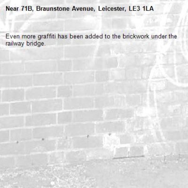 Even more graffiti has been added to the brickwork under the railway bridge.-71B, Braunstone Avenue, Leicester, LE3 1LA
