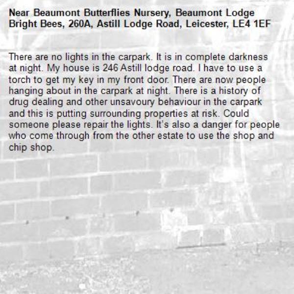 There are no lights in the carpark. It is in complete darkness at night. My house is 246 Astill lodge road. I have to use a torch to get my key in my front door. There are now people hanging about in the carpark at night. There is a history of drug dealing and other unsavoury behaviour in the carpark and this is putting surrounding properties at risk. Could someone please repair the lights. It’s also a danger for people who come through from the other estate to use the shop and chip shop. -Beaumont Butterflies Nursery, Beaumont Lodge Bright Bees, 260A, Astill Lodge Road, Leicester, LE4 1EF