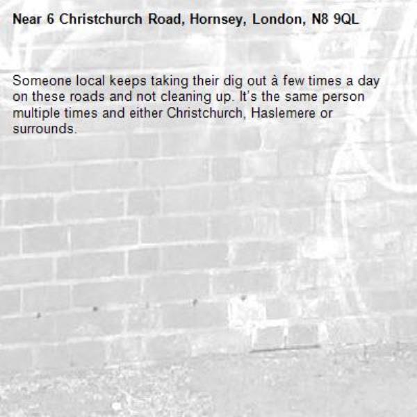 Someone local keeps taking their dig out à few times a day on these roads and not cleaning up. It’s the same person multiple times and either Christchurch, Haslemere or surrounds. -6 Christchurch Road, Hornsey, London, N8 9QL