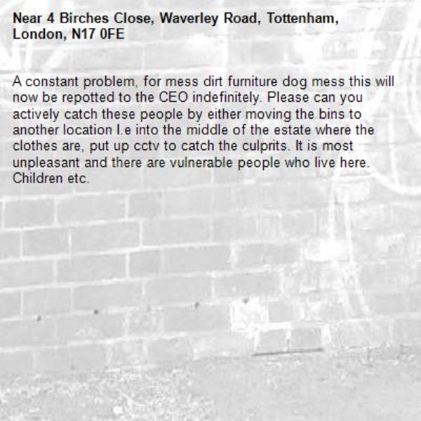 A constant problem, for mess dirt furniture dog mess this will now be repotted to the CEO indefinitely. Please can you actively catch these people by either moving the bins to another location I.e into the middle of the estate where the clothes are, put up cctv to catch the culprits. It is most unpleasant and there are vulnerable people who live here. Children etc. -4 Birches Close, Waverley Road, Tottenham, London, N17 0FE