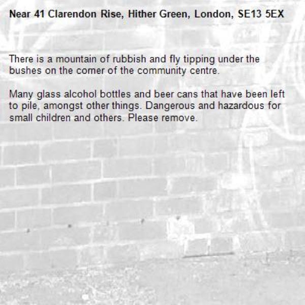 There is a mountain of rubbish and fly tipping under the bushes on the corner of the community centre. 

Many glass alcohol bottles and beer cans that have been left to pile, amongst other things. Dangerous and hazardous for small children and others. Please remove. -41 Clarendon Rise, Hither Green, London, SE13 5EX