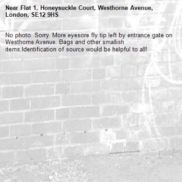 No photo. Sorry. More eyesore fly tip left by entrance gate on Westhorne Avenue. Bags and other smallish items.Identification of source would be helpful to all!-Flat 1, Honeysuckle Court, Westhorne Avenue, London, SE12 9HS
