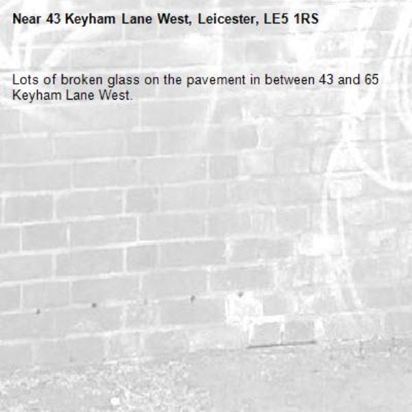 Lots of broken glass on the pavement in between 43 and 65 Keyham Lane West.-43 Keyham Lane West, Leicester, LE5 1RS