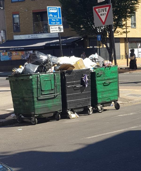 These bins came out onto the road Monday 08/08/22 AFTER the dustmen had been, they are already overflowing so how bad will it be by the time they are collected - whenever that will be?!!!-2a Carlton Road, Manor Park, E12 5BG