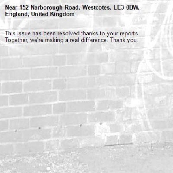 This issue has been resolved thanks to your reports.
Together, we’re making a real difference. Thank you.
-152 Narborough Road, Westcotes, LE3 0BW, England, United Kingdom