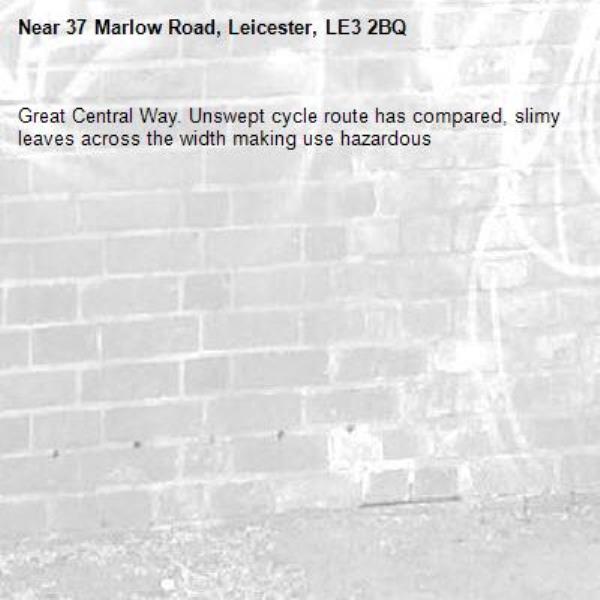 Great Central Way. Unswept cycle route has compared, slimy leaves across the width making use hazardous -37 Marlow Road, Leicester, LE3 2BQ