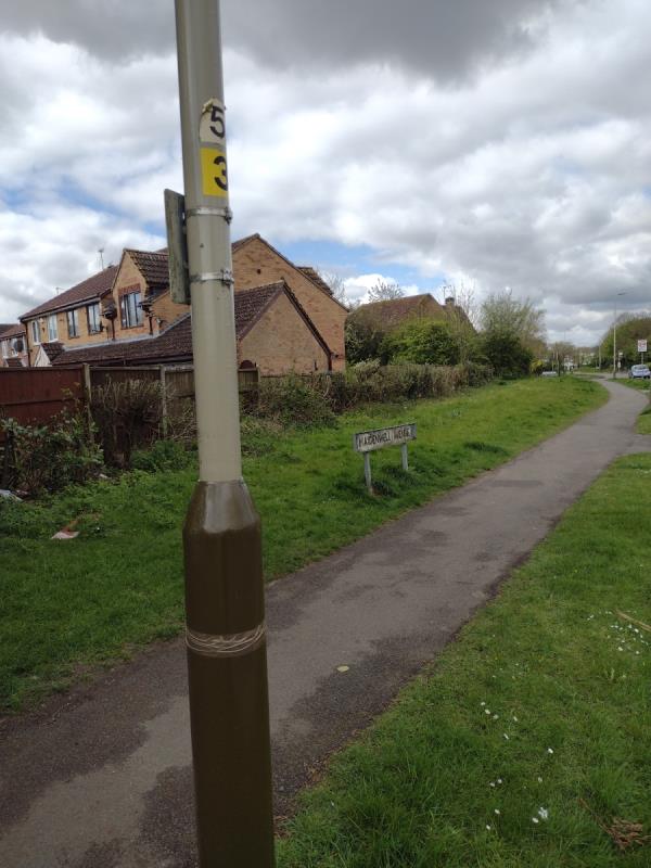 Cover to street light was lying on the ground, with exposed wires which could be a danger to young children.  I have taped it back in place with parcel tape temporarily, but needs to be fixed properly -54 Meadowsweet Road, Leicester, LE5 1TP