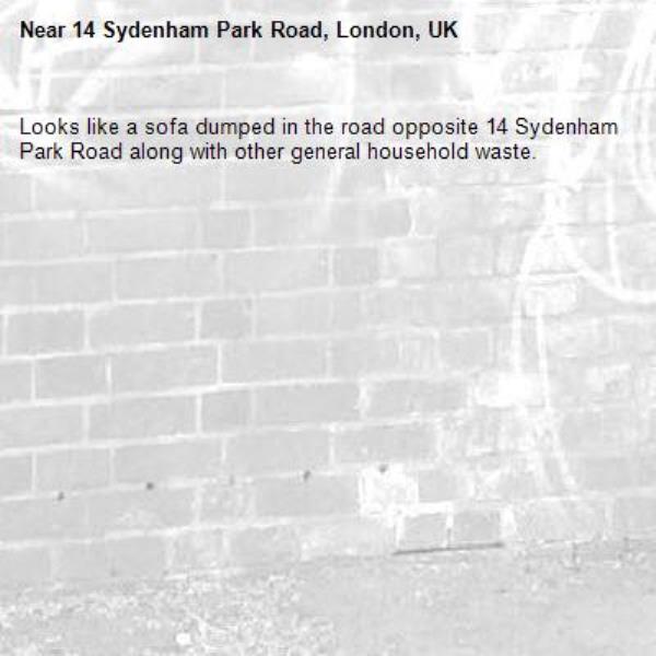 Looks like a sofa dumped in the road opposite 14 Sydenham Park Road along with other general household waste. -14 Sydenham Park Road, London, UK