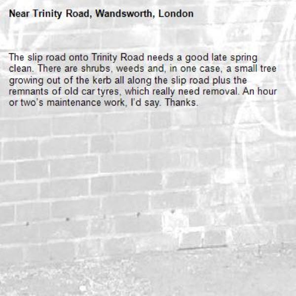 The slip road onto Trinity Road needs a good late spring clean. There are shrubs, weeds and, in one case, a small tree growing out of the kerb all along the slip road plus the remnants of old car tyres, which really need removal. An hour or two’s maintenance work, I’d say. Thanks. -Trinity Road, Wandsworth, London