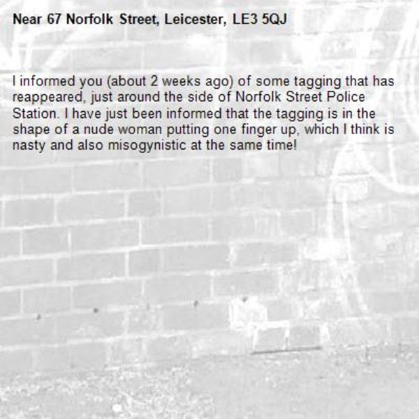 I informed you (about 2 weeks ago) of some tagging that has reappeared, just around the side of Norfolk Street Police Station. I have just been informed that the tagging is in the shape of a nude woman putting one finger up, which I think is nasty and also misogynistic at the same time!-67 Norfolk Street, Leicester, LE3 5QJ