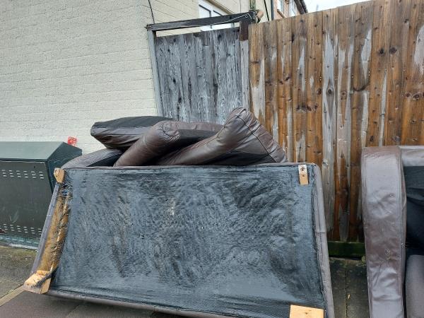 I tried to get in my house through the back gate but not possible because someone dump old sofas at the back of my house blocking my gate-114 Beatrice Road, Leicester, LE3 9FF