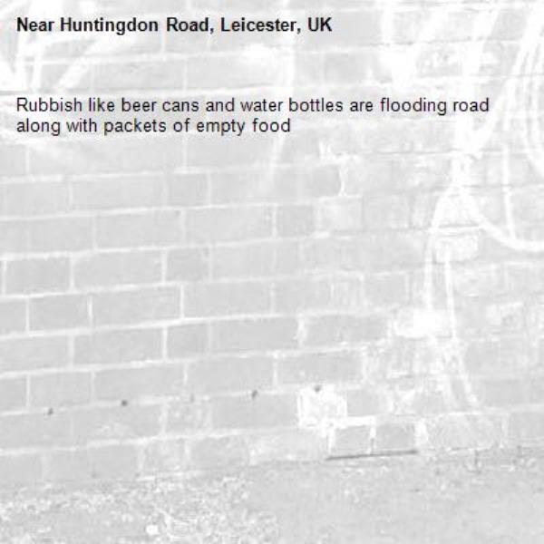 Rubbish like beer cans and water bottles are flooding road along with packets of empty food -Huntingdon Road, Leicester, UK