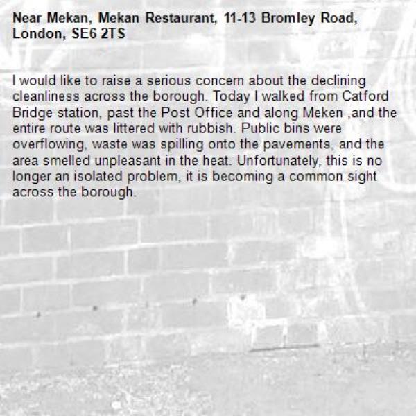 I would like to raise a serious concern about the declining cleanliness across the borough. Today I walked from Catford Bridge station, past the Post Office and along Meken ,and the entire route was littered with rubbish. Public bins were overflowing, waste was spilling onto the pavements, and the area smelled unpleasant in the heat. Unfortunately, this is no longer an isolated problem, it is becoming a common sight across the borough.-Mekan, Mekan Restaurant, 11-13 Bromley Road, London, SE6 2TS