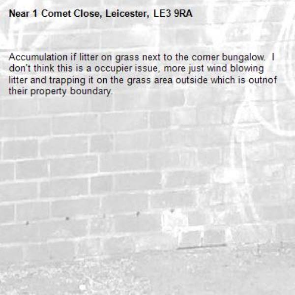 Accumulation if litter on grass next to the corner bungalow.  I don't think this is a occupier issue, more just wind blowing litter and trapping it on the grass area outside which is outnof their property boundary.-1 Comet Close, Leicester, LE3 9RA