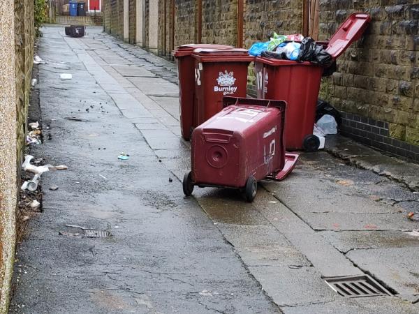 Wheelie bins blown over and contents spilled onto the back street -39 Athol Street North, BB11 4BS, England, United Kingdom