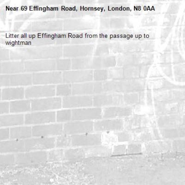 Litter all up Effingham Road from the passage up to wightman -69 Effingham Road, Hornsey, London, N8 0AA