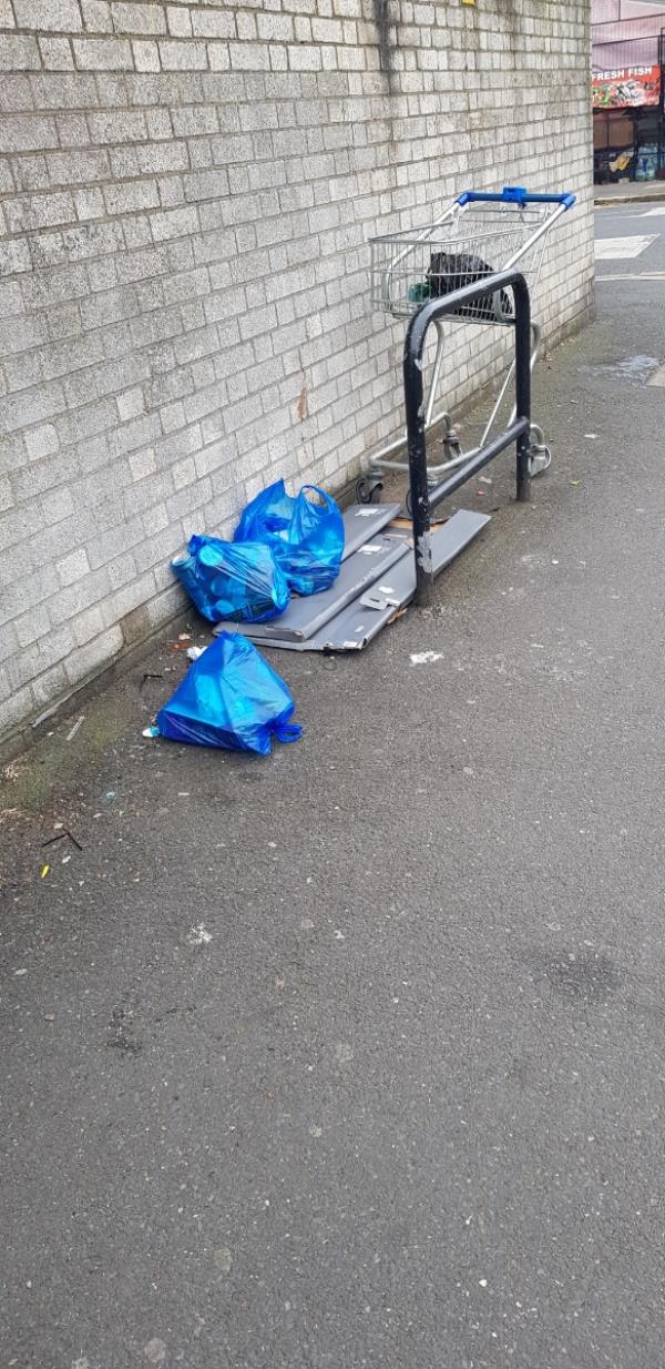 Rubbish dumped on the corner of Bristol Road and Shrewsbury Road..-Saj Halal Meat, 184 Shrewsbury Road, Forest Gate, London, E7 8QJ