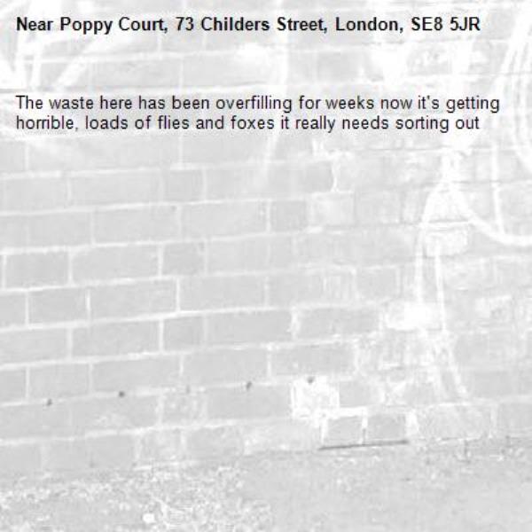 The waste here has been overfilling for weeks now it&#39;s getting horrible, loads of flies and foxes it really needs sorting out-Poppy Court, 73 Childers Street, London, SE8 5JR