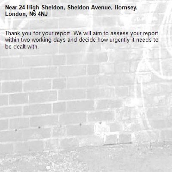 Thank you for your report. We will aim to assess your report within two working days and decide how urgently it needs to be dealt with.-24 High Sheldon, Sheldon Avenue, Hornsey, London, N6 4NJ