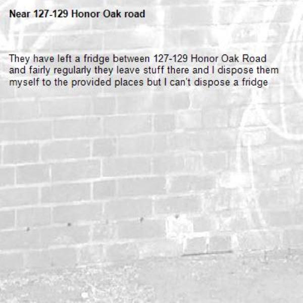 They have left a fridge between 127-129 Honor Oak Road and fairly regularly they leave stuff there and I dispose them myself to the provided places but I can’t dispose a fridge -127-129 Honor Oak road